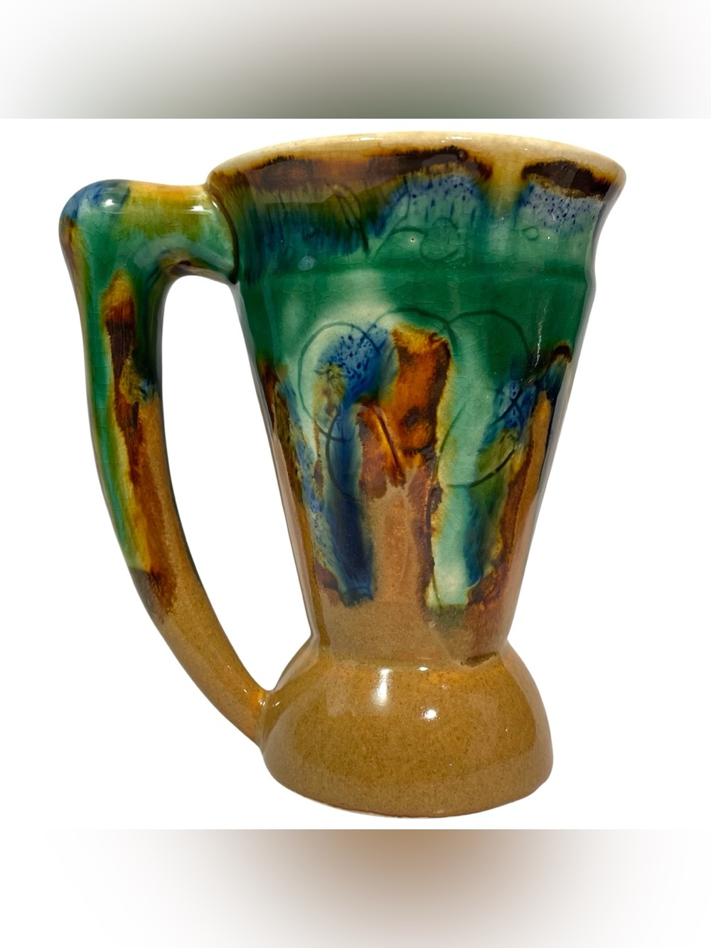 Vintage 1970s Wilfrid Roberge Pottery Art Mug - Turquoise and Caramel Drip Glaze